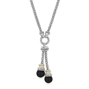 18K Yellow Gold and Sterling Silver Lariat Popcorn Necklace with Black Onyx