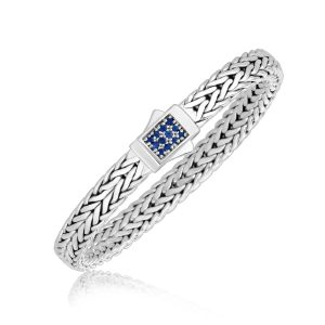 Sterling Silver Braided Style Men's Bracelet with Blue Sapphire Accents