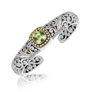 18K Yellow Gold and Sterling Silver Bangle with a Cushion Green Amethyst Accent