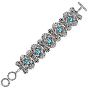 18K Yellow Gold and Sterling Silver Bracelet with Blue Topaz  Oval Motifs