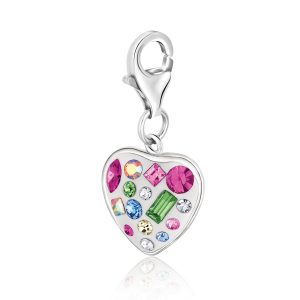 Sterling Silver Heart Style Charm with Multi Color and Multi Shape Crystals
