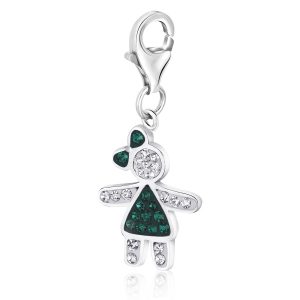 Sterling Silver May Birthstone Girl Charm with Green and White Crystal Accents