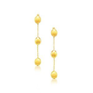 14K Yellow Gold Textured and Shiny Pebble Dangling Earrings