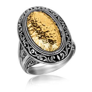 18K Yellow Gold and Sterling Silver Vintage Inspired Oval Hammered Ring