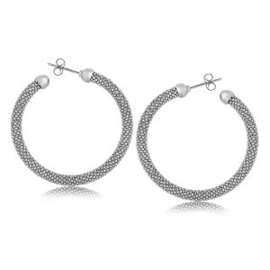 Sterling Silver Rhodium Plated Popcorn Style Hoop Earrings with Rounded Ends