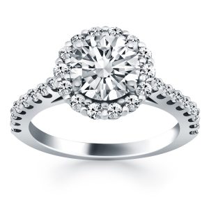 14K White Gold Cathedral Engagement Ring with Micro Prong Diamond Halo