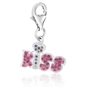 Sterling Silver KISS Charm with Multi Color Crystal Accents and Heart Detailing
