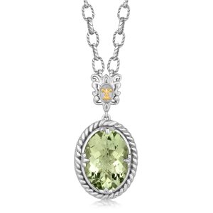 18K Yellow Gold and Sterling Silver Rhodium Plated Oval Green Amethyst Necklace