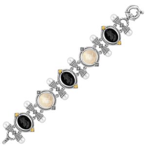 18K Yellow Gold and Sterling Silver Black and Crystal Venetian Cameo Bracelet