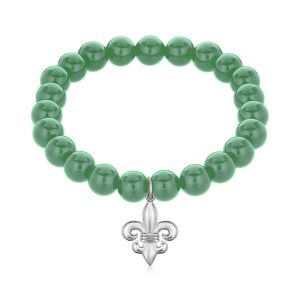 Rhodium Plated Sterling Silver Round Bead Green Aventurine Fleur De Lis Bracelet