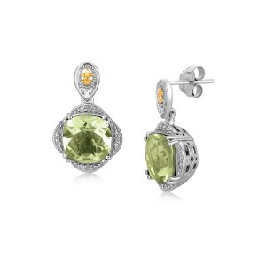 18K Yellow Gold and Sterling Silver Green Amethyst and Diamond Earrings