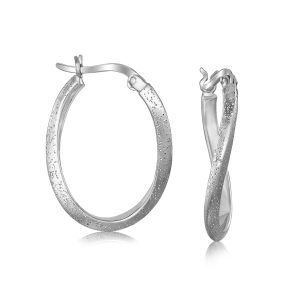 Sterling Silver Rhodium Plated Twist Oval Hoop Earrings with Stardust Texture