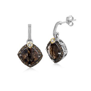 18K Yellow Gold and Sterling Silver Smokey Quartz and Coffee Diamond Earrings