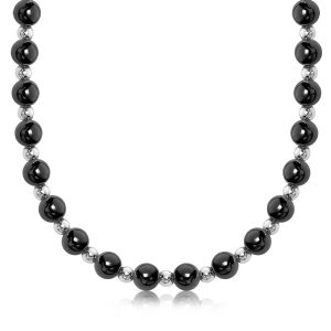 Sterling Silver Rhodium and Ruthenium Plated Polished Bead Motif Necklace