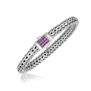 Sterling Silver Pink Tone Sapphire Accented Braided Men's Bracelet