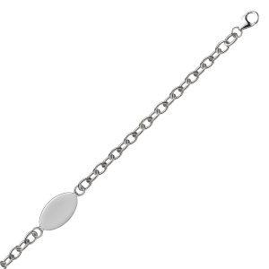 Sterling Silver Rhodium Plated Chain Bracelet with a Flat Oval Station