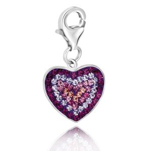 Sterling Silver Heart Charm with Purple  Peach  and Lavender Tone Crystals