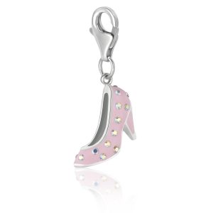 Sterling Silver High Heel Shoe Charm Adorned with Crystals and Pink Enamel