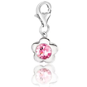 Sterling Silver Flower Charm with Pink Tone Crystal Accent