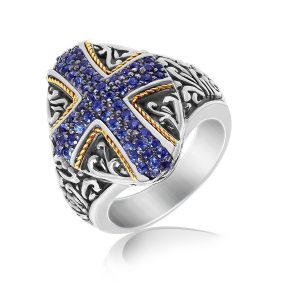 18K Yellow Gold and Sterling Silver Ring with Blue Sapphire Encrusted Cross