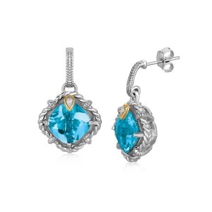 18K Yellow Gold and Sterling Silver Blue Topaz and Diamond Accent Drop Earrings