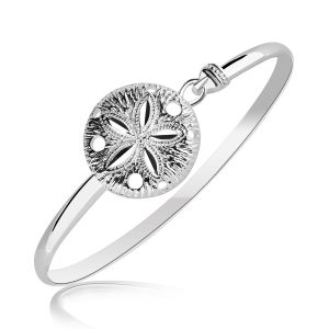 Sterling Silver Sand Dollar Motif Thin Bangle with Rhodium Plating