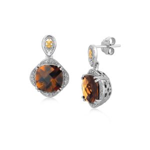 18K Yellow Gold and Sterling Silver Smokey Quartz Drop Earrings (.11 ct. tw.)