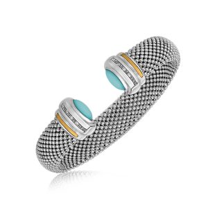 18K Yellow Gold and Sterling Silver Turquoise Accented Cuff Bangle (.09 ct. tw.)