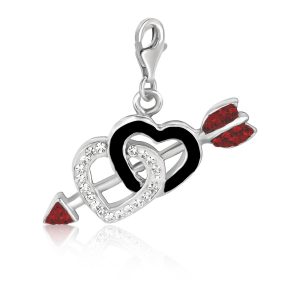 Sterling Silver Dual Heart Multi Tone Crystal Encrusted and Black Enameled Charm