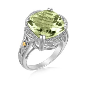 18K Yellow Gold and Sterling Silver Cushion Green Amethyst Ring (.09 ct. tw.)