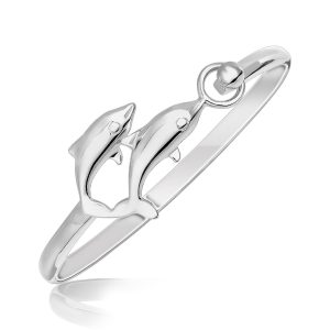 Sterling Silver Rhodium Plated Dolphin Design Dome Bangle