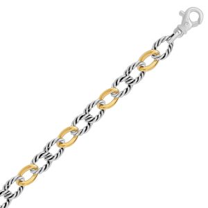 18K Yellow Gold and Sterling Silver Polished and Cable Designed Chain Bracelet
