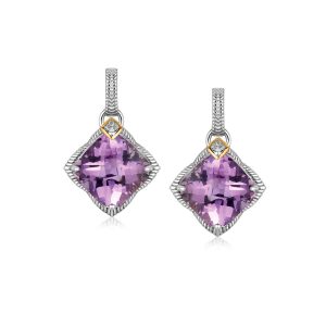 18K Yellow Gold and Sterling Silver Amethyst and Diamond Accented Drop Earrings