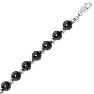 Sterling Silver Rhodium and Ruthenium Plated Polished Bead Motif Bracelet