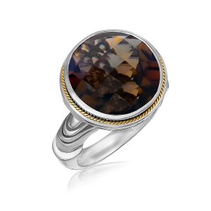 18K Yellow Gold and Sterling Silver Round Milgrained Smokey Quartz Ring