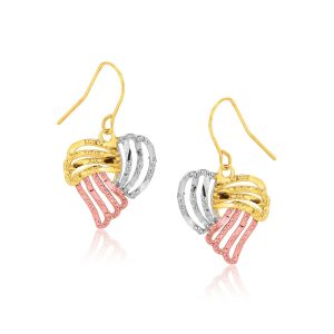 Tri-Color Heart Drop Earrings in 10K Gold