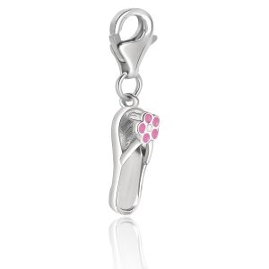 Sterling Silver Flip Flop Charm with Flower Detailing in Pink Enamel Finish