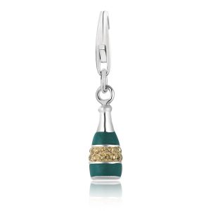 Sterling Silver Champagne Charm with Green Enamel and Peach Tone Crystal Accents