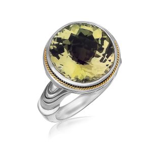 18K Yellow Gold and Sterling Silver Round Milgrained Lemon Quartz Ring