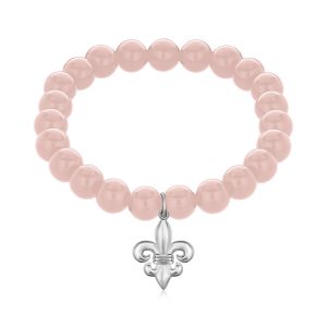 Sterling Silver Rose Quartz Stretchable Bead Bracelet with Fleur De Lis Charm