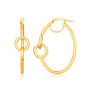 14K Yellow Gold Oval Hoop Earrings with Small Circle Detailing