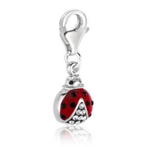 Sterling Silver Ladybug Charm with White Tone Crystal Accents