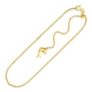 14K Yellow Gold Dolphin Accent Cable Link Adjustable Anklet
