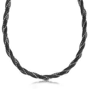 Sterling Silver Rhodium and Ruthenium Plated Bead  Wheat  and Mesh Necklace