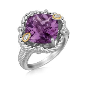 18K Yellow Gold and Sterling Silver Rope Edge Cushion Amethyst and Diamond Ring