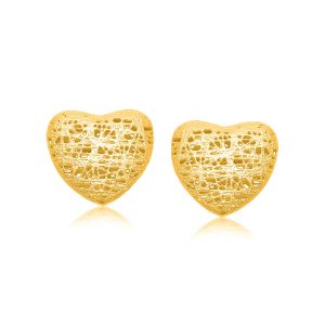 14K Yellow Gold Puffed Heart Motif Lace Stud Earrings