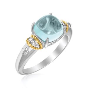 18K Yellow Gold & Sterling Silver Square Polished Blue Topaz and Diamond Ring