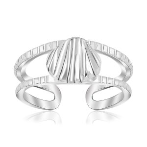 Sterling Silver Rhodium Plated Shell Design Open Toe Ring