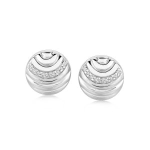 Sterling Silver Rhodium Plated Diamond Round Ripple Motif Earrings