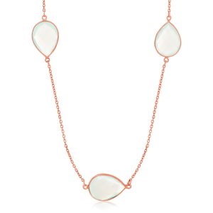 Sterling Silver Rose Gold Plated Teardrop Station Long Necklace with Aqua Chalcedony